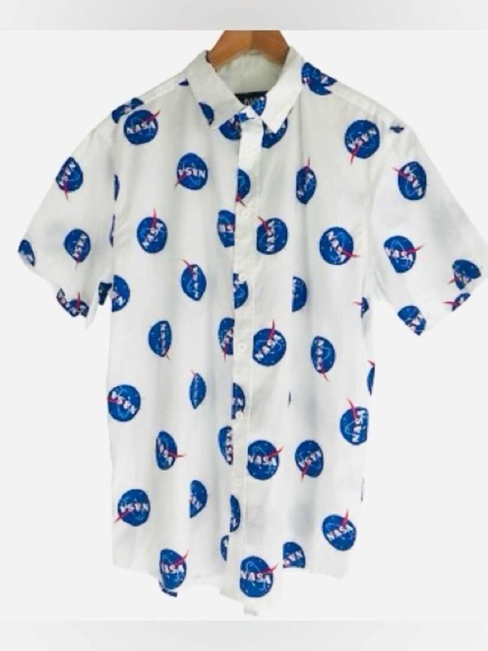 NASA Logo Short-Sleeve Button-Down Shirt - White with Blue Print - Size Medium